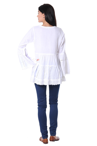 Blusa de algodón - Blusa de algodón blanca con bordado floral de la India