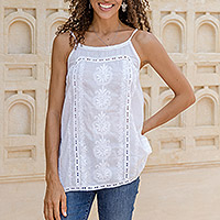 Floral Embroidered White Cotton Tank Top from India,'Beautiful Summer'