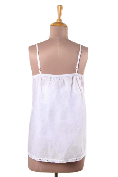 Camiseta sin mangas de algodón - Camiseta sin mangas de algodón blanco con bordado floral de India