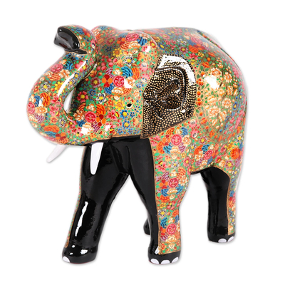 Escultura de papel maché - Escultura de papel maché de elefante floral pintada a mano