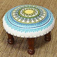 Rayon-embroidered cotton stool, 'Rajasthani Mandala' - Floral Embroidered Cotton Stool from India