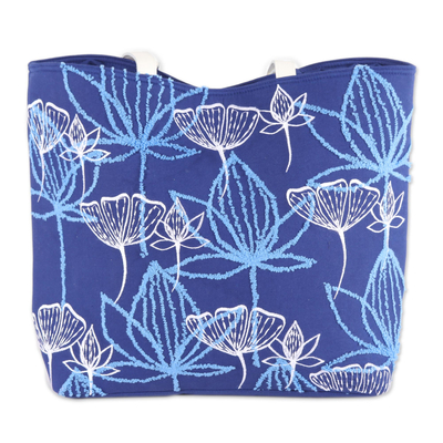 Embroidered Floral Cotton Tote in Lapis from India