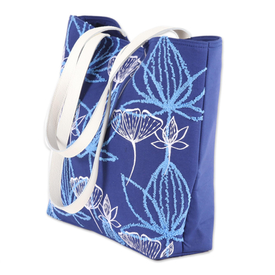 Bolsa de algodón - Bolso tote de algodón floral bordado en lapislázuli de la India