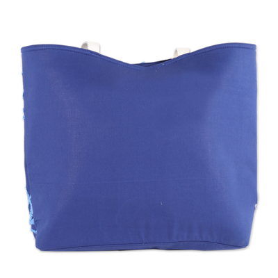 Bolsa de algodón - Bolso tote de algodón floral bordado en lapislázuli de la India
