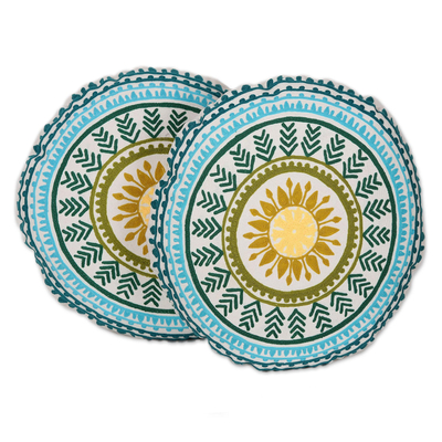 Cotton cushion covers, 'Beautiful Mandalas' (pair) - Mandala Motif Round Cotton Cushion Covers (Pair)