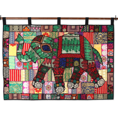 Recycled cotton blend patchwork wall hanging, 'Elephant Color' - Elephant-Themed Recycled Cotton Blend Wall Hanging