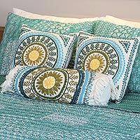 Cotton bolster cushion cover, 'Mandala Glory' - Mandala Pattern Embroidered Cotton Bolster Cover from India