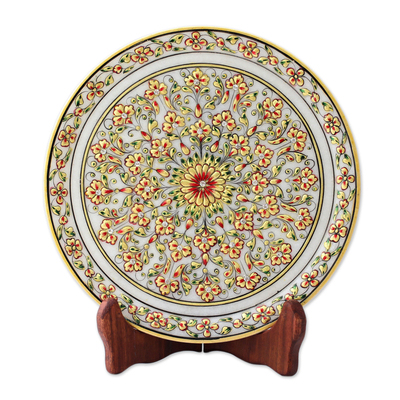 Hand Painted Marble Display Plate and Stand with 22k Gold