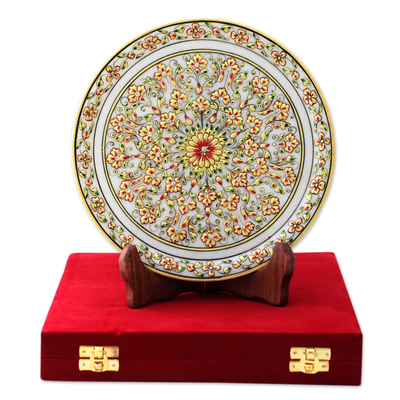 Marble plate, 'Golden Exotica' - Hand Painted Marble Display Plate and Stand with 22k Gold