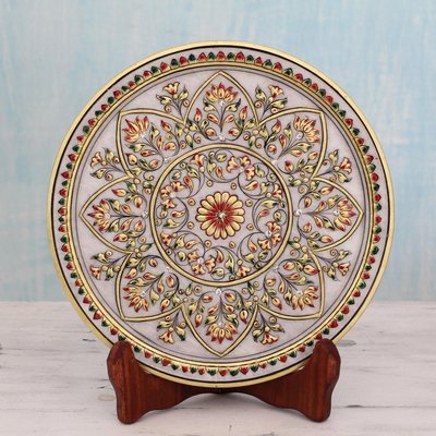 Marble plate, 'Gilded Sunflower' - Flower Theme Marble Display Plate with 22k Gold and Stand