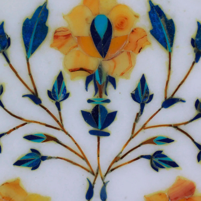 Placa decorativa con incrustaciones de mármol - Plato decorativo con incrustaciones de mármol con motivo de rosa dorada de la India