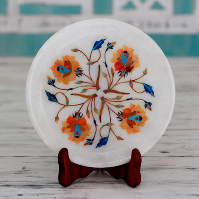 Plato decorativo con incrustaciones de mármol, 'Summer Roses' - Placa decorativa de marmol con motivos de rosas de la India