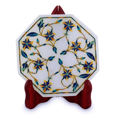 Tiger Lily Motif Marble Inlay Decorative Plate from India