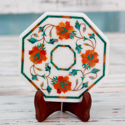 Marble inlay decorative plate, 'Bright Carousel' - Marble Inlay Decorative Plate in Red and Orange from India