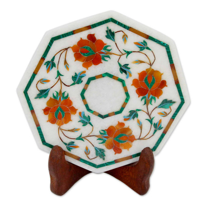Marble Inlay Decorative Plate in Red and Orange from India