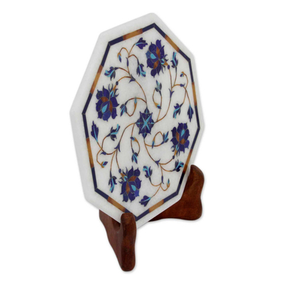 Marble inlay decorative plate, 'Carousel of Roses' - Floral Motif Marble Inlay Decorative Plate from India