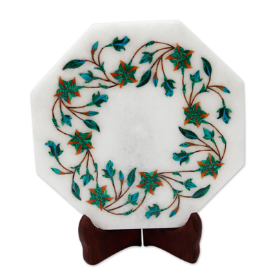 Green Floral Marble Inlay Decorative Plate from India