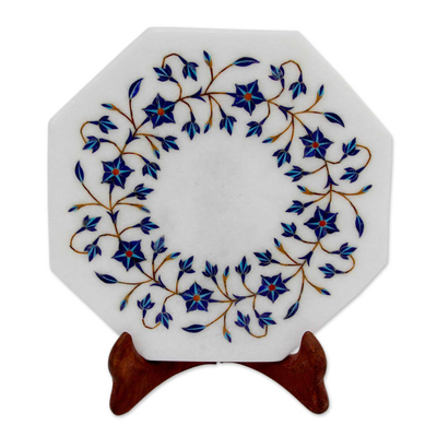 Placa decorativa con incrustaciones de mármol - Plato decorativo con incrustaciones de mármol con motivo de jazmín de la India