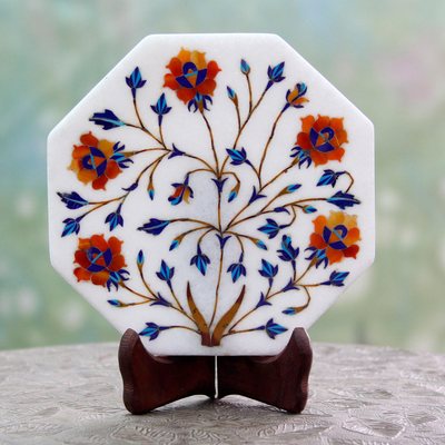Marble inlay decorative plate, 'Mughal Magic' - Flower Motif Marble Inlay Decorative Plate from India