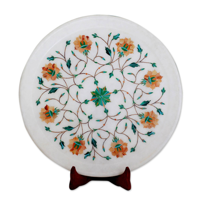 Orange and Green Floral Marble Inlay Decorative Plate