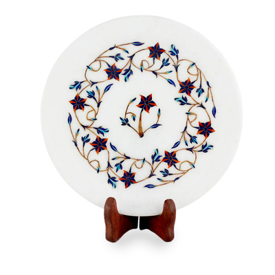 Red Floral Motif Marble Inlay Decorative Plate from India