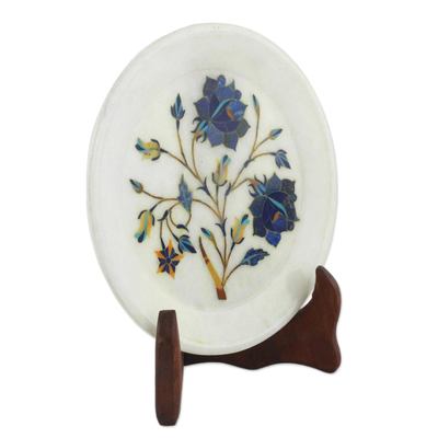 Marble inlay decorative plate, 'Blue Daisies' - Daisy Motif Marble Inlay Decorative Plate from India
