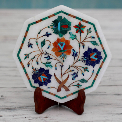 Marble inlay decorative plate, 'Floral Exhibition' - Multicolored Marble Inlay Decorative Plate from India