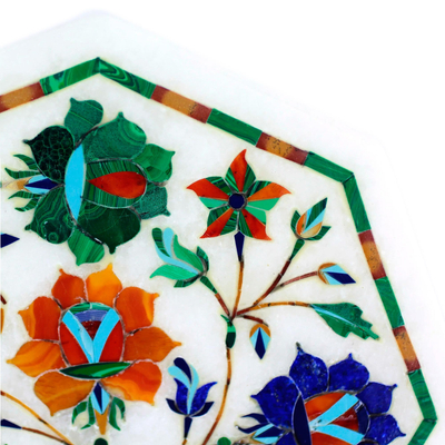 Marble inlay decorative plate, 'Floral Exhibition' - Multicolored Marble Inlay Decorative Plate from India