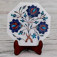 Plato decorativo con incrustaciones de mármol, 'Lapis Enigma' - Plato decorativo con incrustaciones de mármol con motivo floral azul de la India