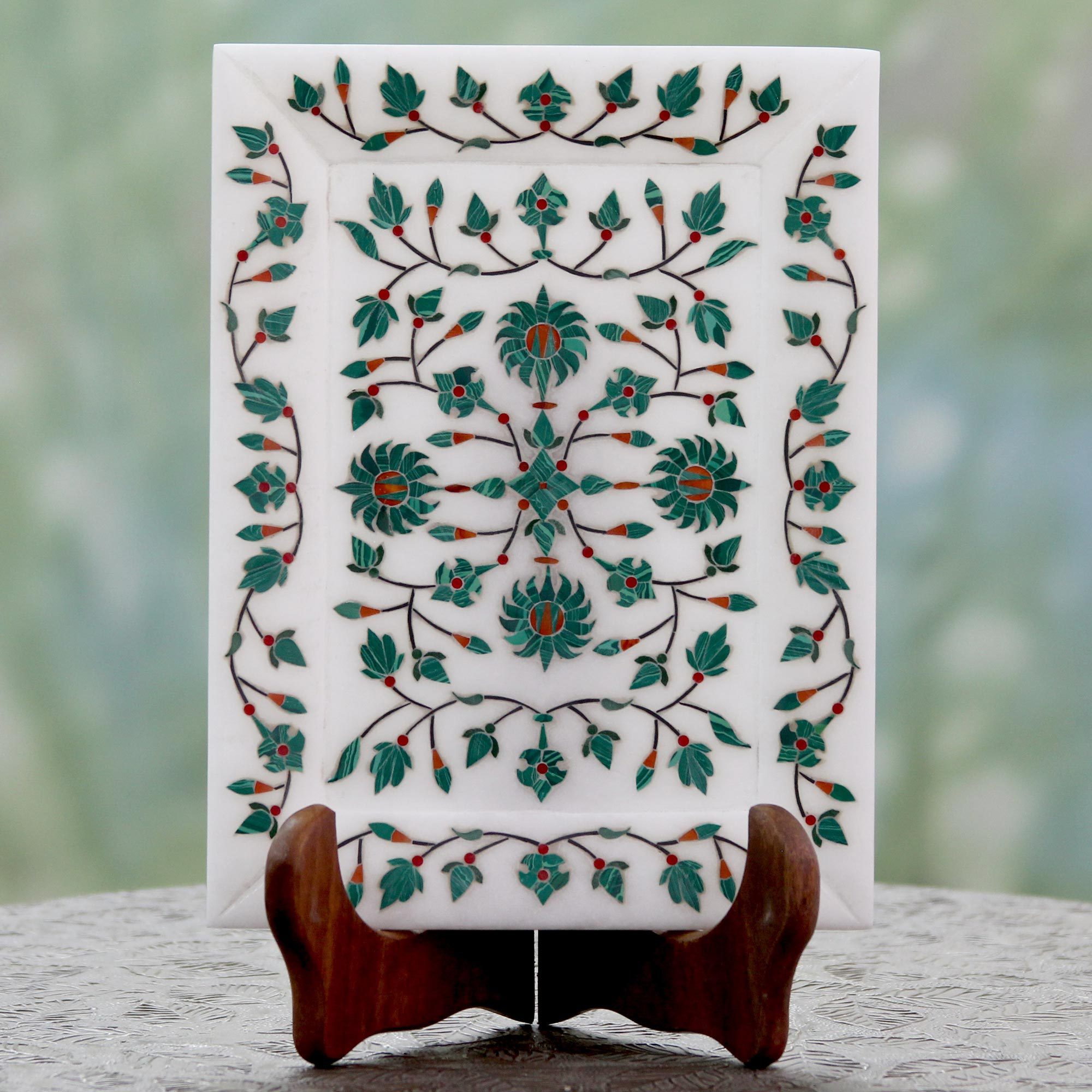 Marble Inlay Indian Decorative Plate And Wood Stand Royal Forest