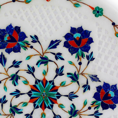 Marble inlay decorative plate, 'Floral Muse' - Jali Motif Marble Inlay Decorative Plate Crafted in India