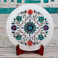 Marble inlay decorative plate, 'Spring Muse' - Elegant Floral Marble Inlay Decorative Plate from India