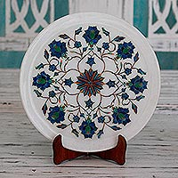 Plato decorativo con incrustaciones de mármol, 'Floral Burst' - Intrincado plato decorativo con incrustaciones de mármol de la India