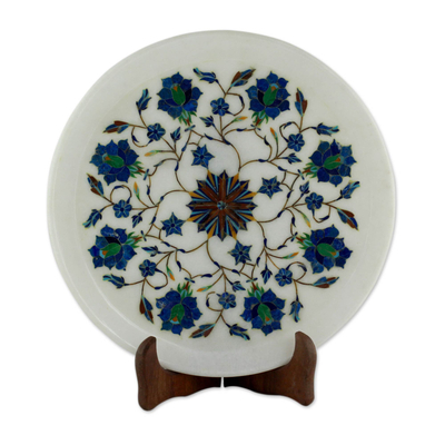 Marble inlay decorative plate, 'Floral Burst' - Intricate Marble Inlay Decorative Plate from India