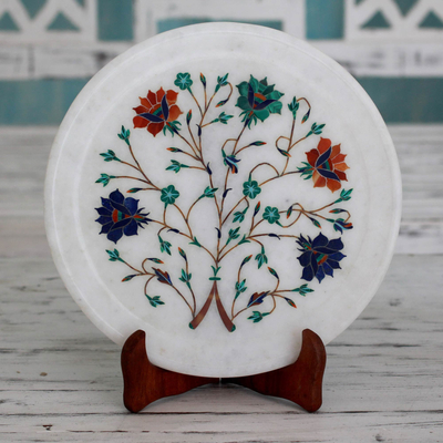 Marble inlay decorative plate, 'Taj Mahal Bouquet' - Bouquet Motif Marble Inlay Decorative Plate from India