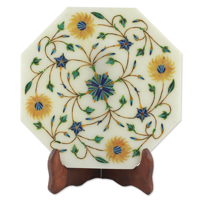 Dekorative Platte mit Marmorintarsien, 'Summer Bloom - Dekorative Marmorintarsienplatte mit Blumenmotiven aus Indien