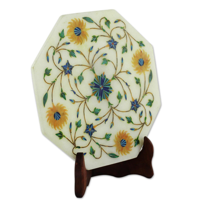 Dekorative Platte mit Marmorintarsien, 'Summer Bloom - Dekorative Marmorintarsienplatte mit Blumenmotiven aus Indien