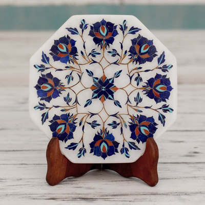 Marble inlay decorative plate, 'Floral Imagination' - Marble Inlay Decorative Plate with Blue Floral Motifs
