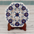 Marble inlay decorative plate, 'Floral Imagination' - Marble Inlay Decorative Plate with Blue Floral Motifs thumbail