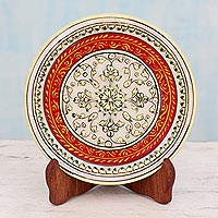 Marble plate, 'Golden Floral Symmetry' - Red Bordered Makrana Marble Display Plate with 22k Gold