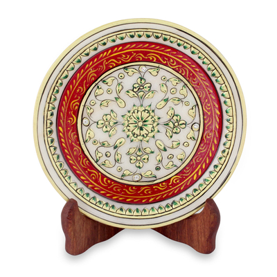 Red Bordered Makrana Marble Display Plate with 22k Gold
