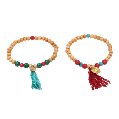 Wood and bone beaded stretch bracelets, 'Happy Bohemian' (pair) - Wood and Bone Beaded Stretch Bracelets from India (Pair)