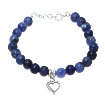 Sodalite beaded bracelet, 'Love is in the Heart' - Heart Charm Sodalite Beaded Bracelet from India