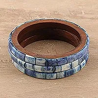 Bone and mango wood bangle bracelets, 'Blue Saga' (set of 3) - Blue Bone and Mango Wood Bangle Bracelets (Set of 3)