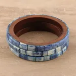 Bone and mango wood  bangles, 'Blue Saga' (set of 3) - Blue Bone and Mango Wood Bangle Bracelets (Set of 3)