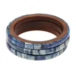 Bone and mango wood  bangles, 'Blue Saga' (set of 3) - Blue Bone and Mango Wood Bangle Bracelets (Set of 3)