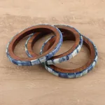 Bone and mango wood  bangles, 'Blue Saga' (set of 3) - Blue Bone and Mango Wood Bangle Bracelets (Set of 3)