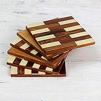 Wood and bone coasters, 'Lattice Elegance' (set of 6) - Mango Wood and Bone Coasters from India (Set of 6)