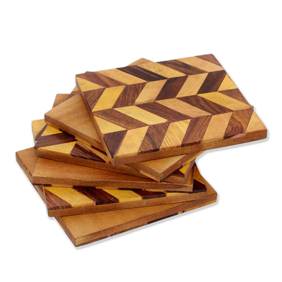 Untersetzer aus Holz mit Intarsien, (6er-Set) - Untersetzer aus Mangoholz mit diagonalem Motiv aus Indien (6er-Set)