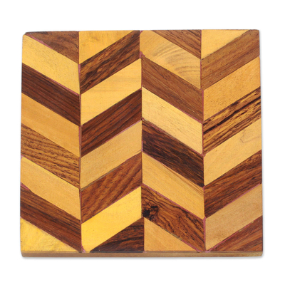 Wood marquetry coasters, 'Diagonal Elegance' (set of 6) - Diagonal Motif Mango Wood Coasters from India (Set of 6)